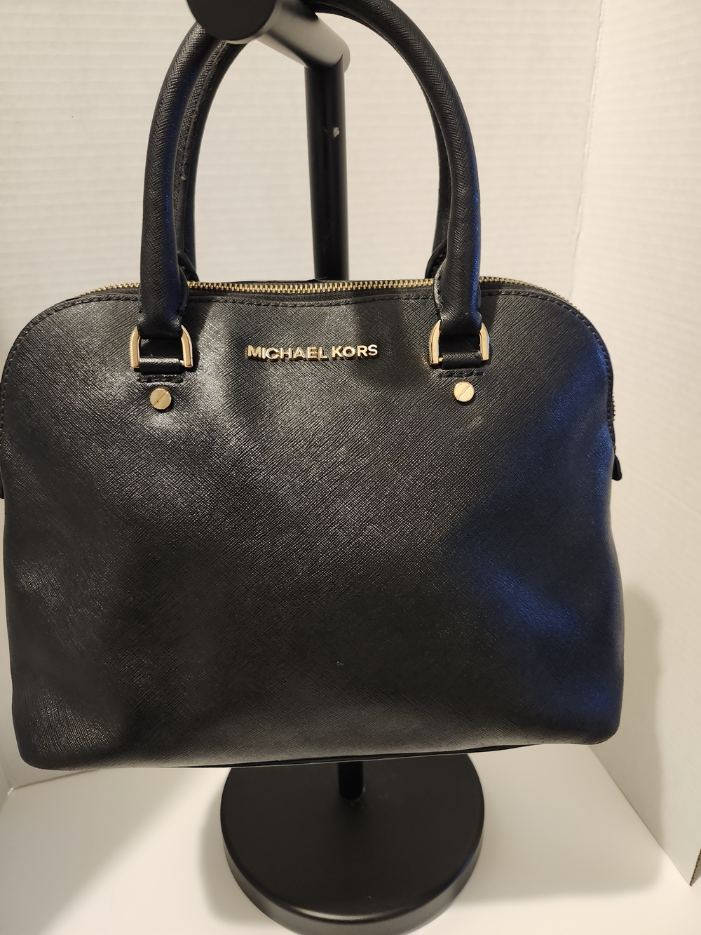 Michael Kors Black Leather Dome Satchel with Gold Hardware